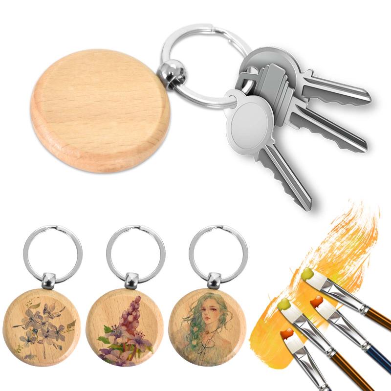 12pcs Round Wooden Key Ring Blank Key Chain For DIY Key Craft Supplies