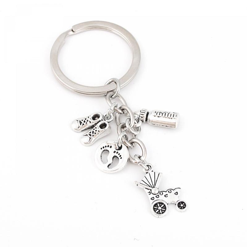 Baby Stroller & Bottle Keychain Metal Key Ring Purse Bag Charm Gift