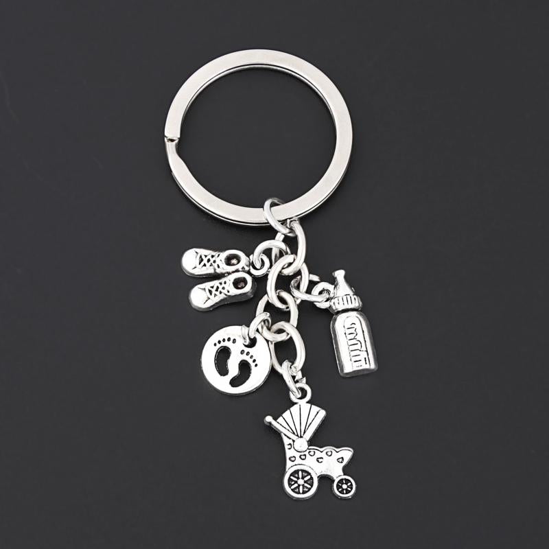 Baby Stroller & Bottle Keychain Metal Key Ring Purse Bag Charm Gift