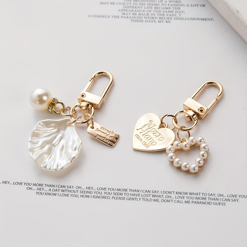 Heart & Shell Shape Keychain Faux Pearl Key Ring Bag Pendant