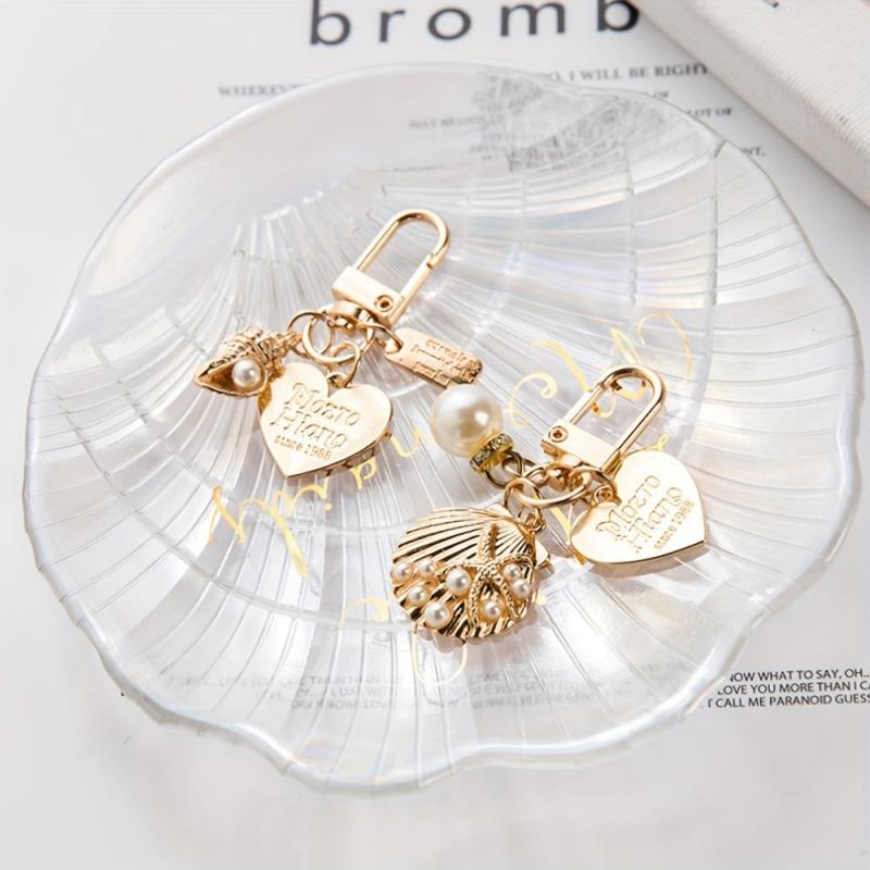 Heart & Shell Shape Keychain Faux Pearl Key Ring Bag Pendant