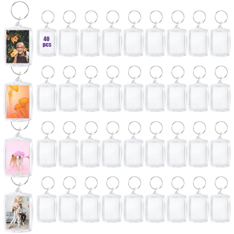 40 PCS Acrylic Photo Frame Keyrings Clear Blank Keychains DIY Gift Family