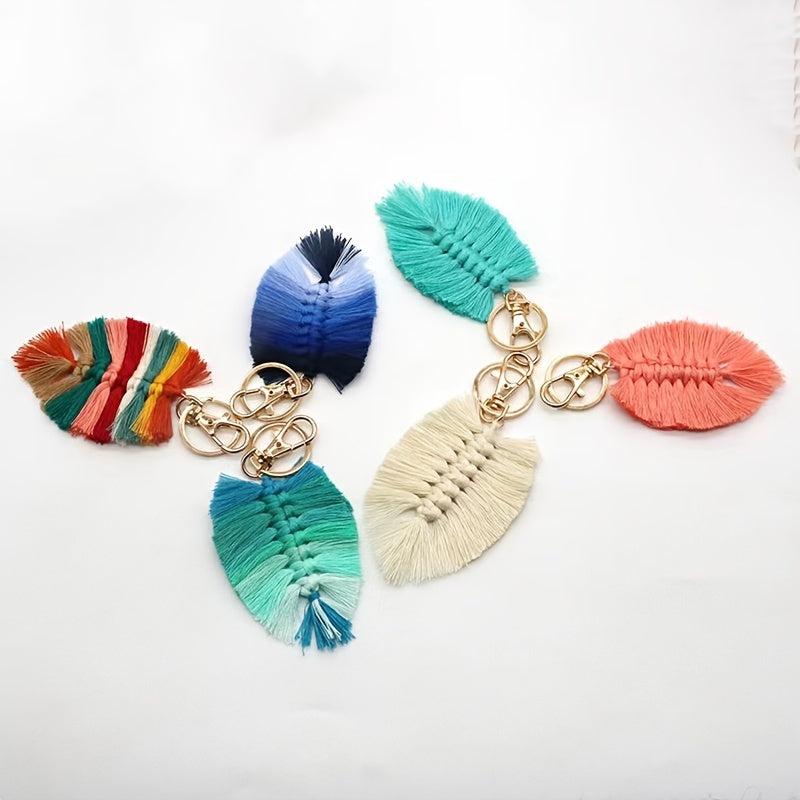 Braided Rainbow Tassel Keychain Boho Leaf Macrame Pendant Vintage Keyring
