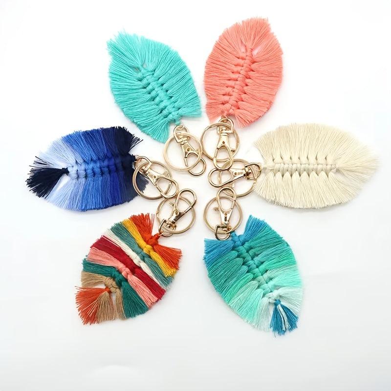 Braided Rainbow Tassel Keychain Boho Leaf Macrame Pendant Vintage Keyring