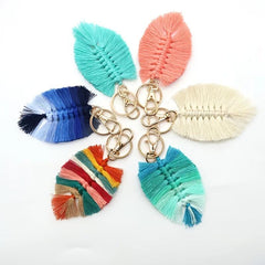Braided Rainbow Tassel Keychain Boho Leaf Macrame Pendant Vintage Keyring