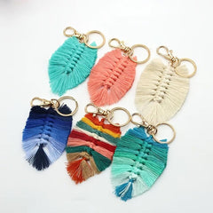 Braided Rainbow Tassel Keychain Boho Leaf Macrame Pendant Vintage Keyring