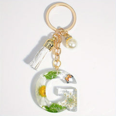 Daisy Initial Letter Keychain Faux Pearl Key Ring Bag Charm Women Gift