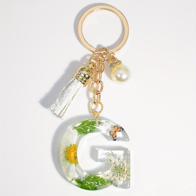 Daisy Initial Letter Keychain Faux Pearl Key Ring Bag Charm Women Gift