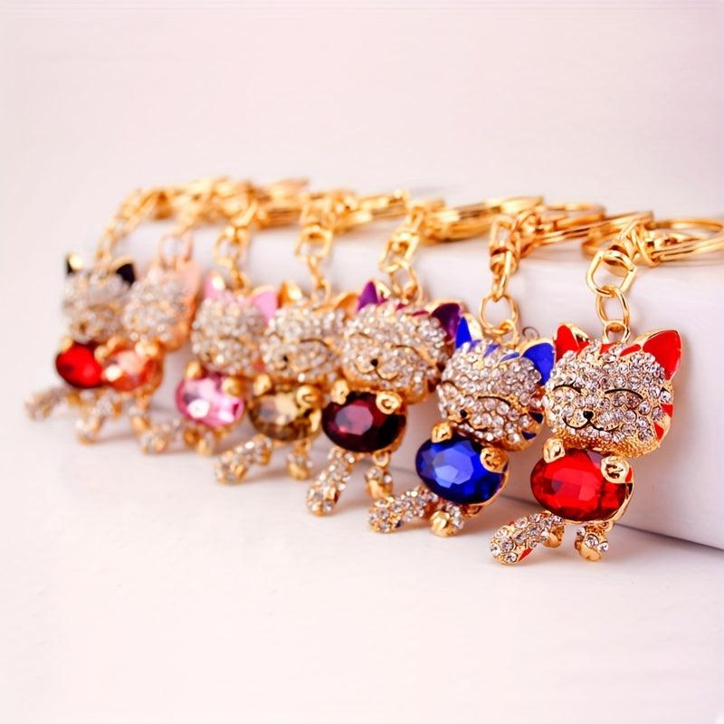 Lucky Cat Rhinestone Keychain - Women's Bag Accessory