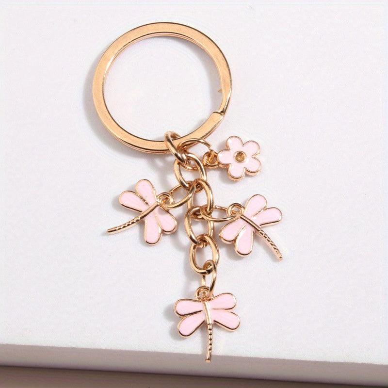 Cartoon Dragonfly & Flower Keychain Metal Key Ring Bag Charm Accessory