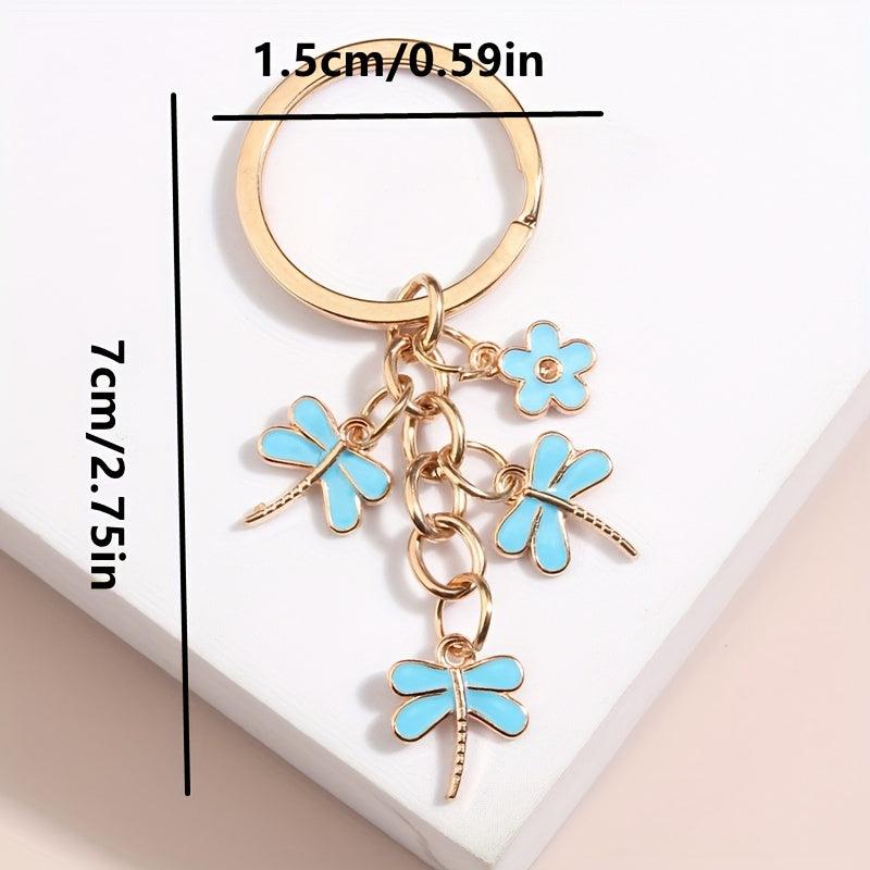 Cartoon Dragonfly & Flower Keychain Metal Key Ring Bag Charm Accessory