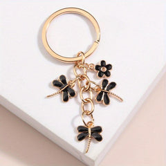 Cartoon Dragonfly & Flower Keychain Metal Key Ring Bag Charm Accessory