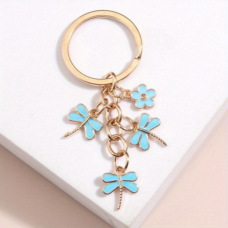 Cartoon Dragonfly & Flower Keychain Metal Key Ring Bag Charm Accessory