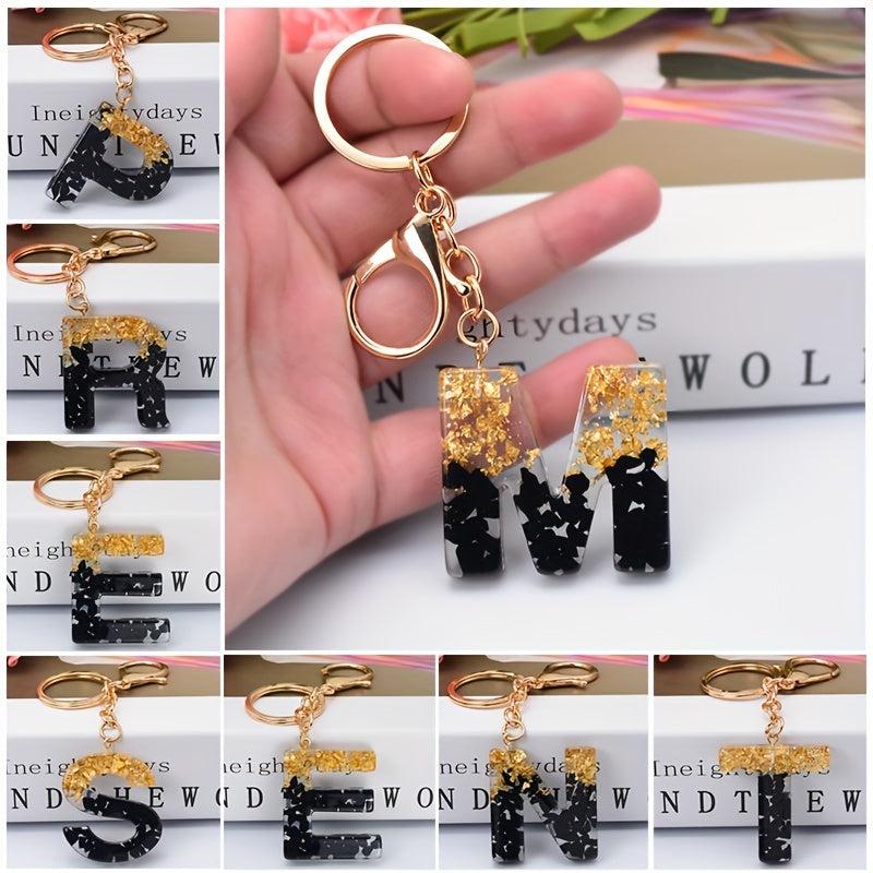 Golden Glitter Initial Letter Keychain Alphabet Key Chain Block Key Ring