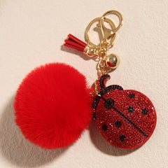 Red Rhinestone Ladybug Tassel Key Chain Pom Pom Ball Key Ring Backpack Ornaments
