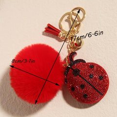 Red Rhinestone Ladybug Tassel Key Chain Pom Pom Ball Key Ring Backpack Ornaments