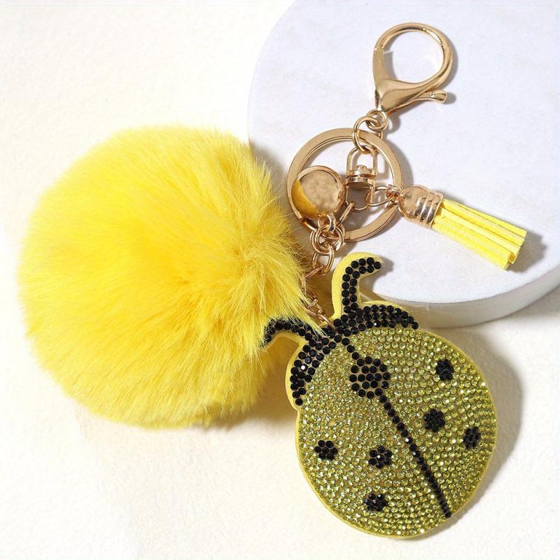 Red Rhinestone Ladybug Tassel Key Chain Pom Pom Ball Key Ring Backpack Ornaments