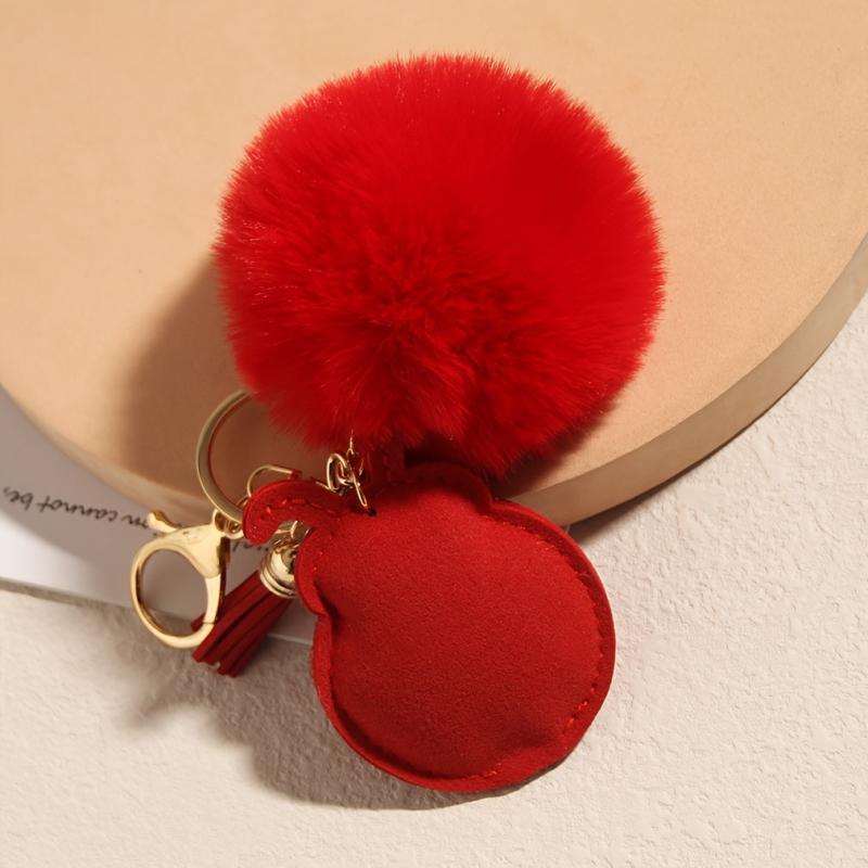 Red Rhinestone Ladybug Tassel Key Chain Pom Pom Ball Key Ring Backpack Ornaments