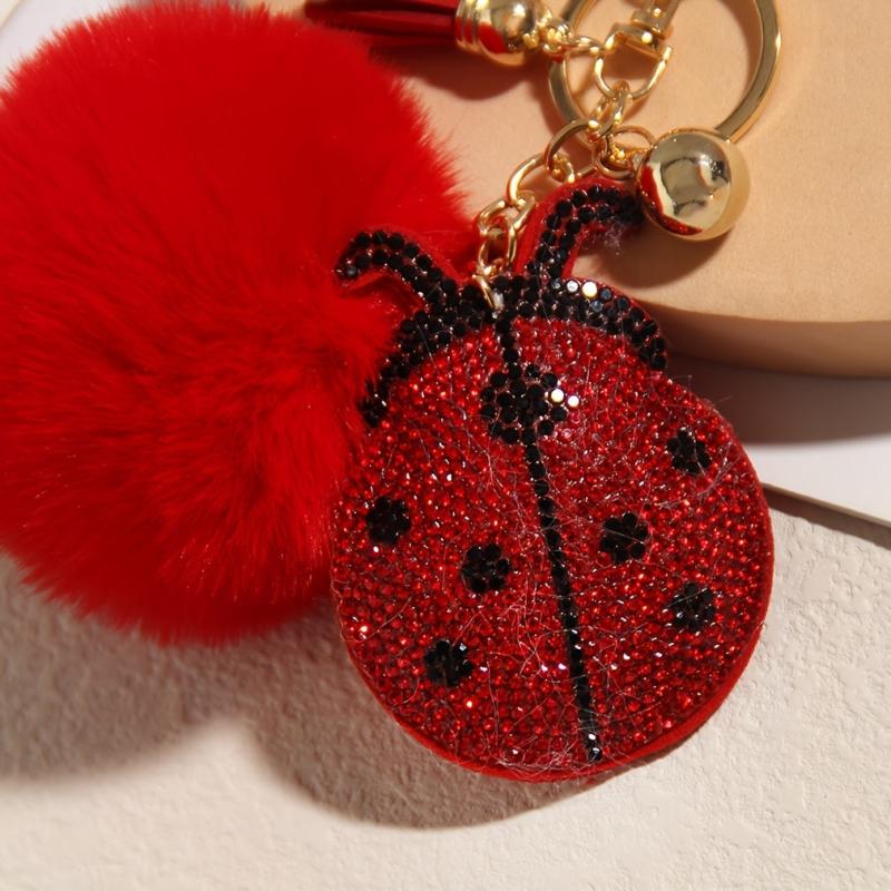 Red Rhinestone Ladybug Tassel Key Chain Pom Pom Ball Key Ring Backpack Ornaments