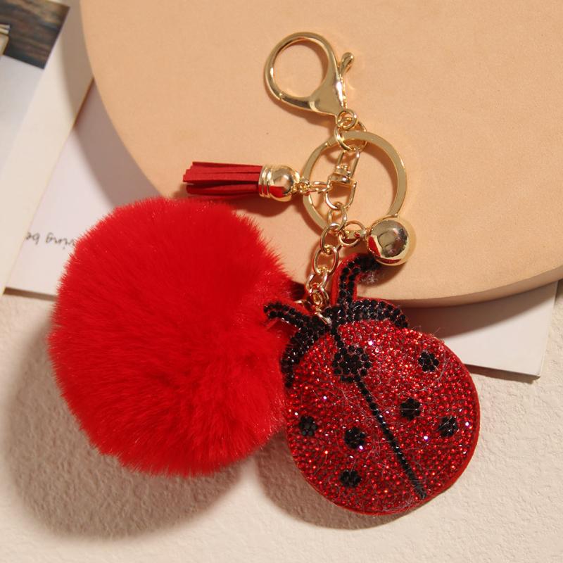 Red Rhinestone Ladybug Tassel Key Chain Pom Pom Ball Key Ring Backpack Ornaments