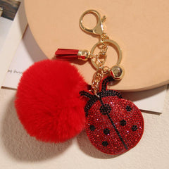Red Rhinestone Ladybug Tassel Key Chain Pom Pom Ball Key Ring Backpack Ornaments