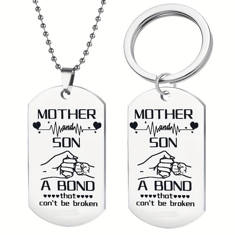 Mother Son Bond Vintage Stainless Steel Keychain Necklace Set