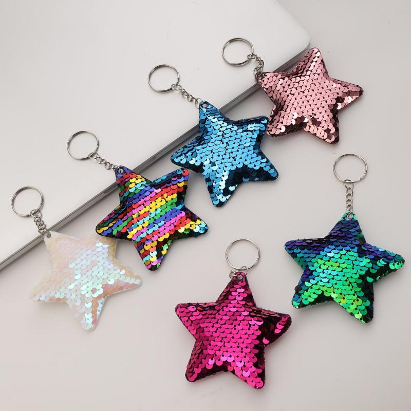 6pcs Star Sequin Reflective PU Pendant Dangle Keychains Car Hangings