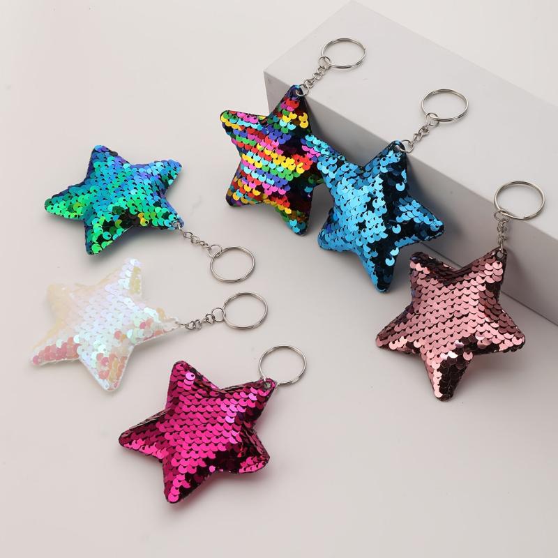 6pcs Star Sequin Reflective PU Pendant Dangle Keychains Car Hangings