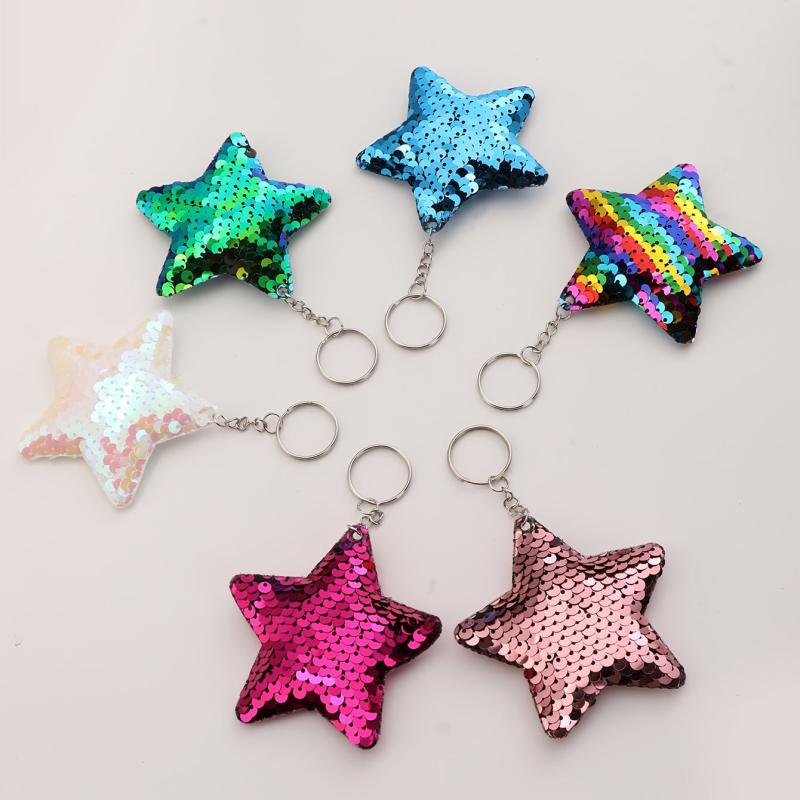6pcs Star Sequin Reflective PU Pendant Dangle Keychains Car Hangings
