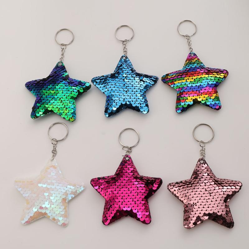 6pcs Star Sequin Reflective PU Pendant Dangle Keychains Car Hangings