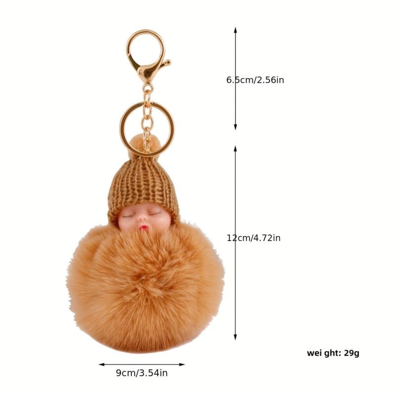 Sleeping Baby Doll Keychain Pom Pom Key Ring Purse Bag Backpack Car Charm
