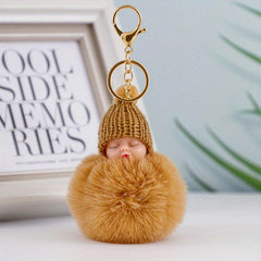 Sleeping Baby Doll Keychain Pom Pom Key Ring Purse Bag Backpack Car Charm