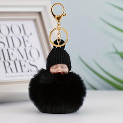 Sleeping Baby Doll Keychain Pom Pom Key Ring Purse Bag Backpack Car Charm