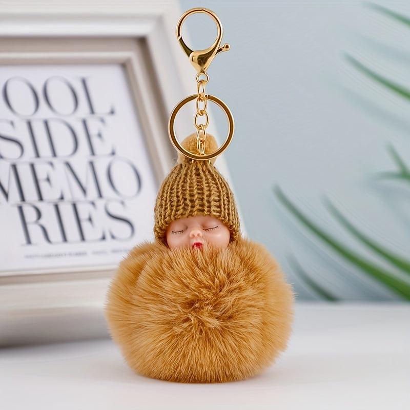 Sleeping Baby Doll Keychain Pom Pom Key Ring Purse Bag Backpack Car Charm