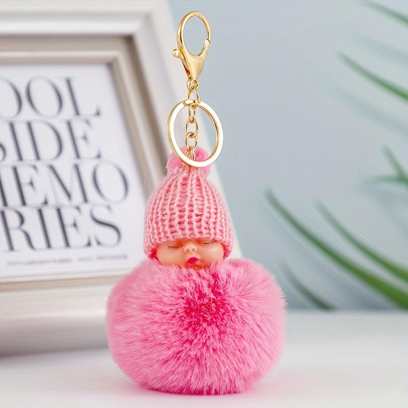 Sleeping Baby Doll Keychain Pom Pom Key Ring Purse Bag Backpack Car Charm