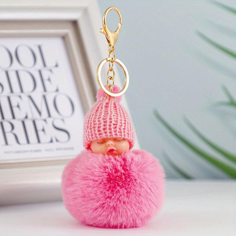 Sleeping Baby Doll Keychain Pom Pom Key Ring Purse Bag Backpack Car Charm
