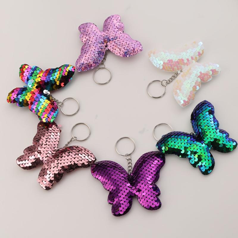 6pcs Butterfly Keychain Sequin Flip Glitter Key Rings For Girls Women