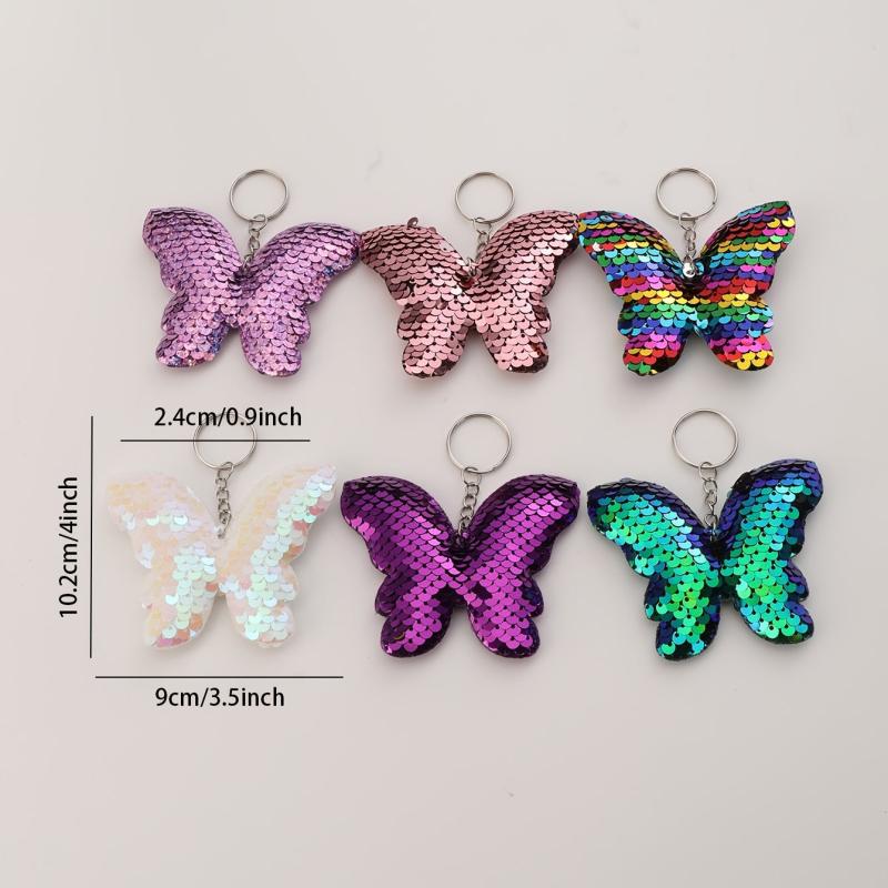 6pcs Butterfly Keychain Sequin Flip Glitter Key Rings For Girls Women