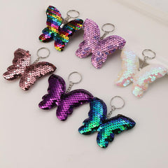 6pcs Butterfly Keychain Sequin Flip Glitter Key Rings For Girls Women