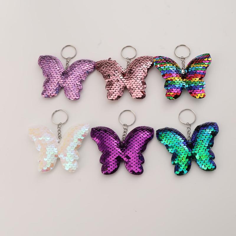 6pcs Butterfly Keychain Sequin Flip Glitter Key Rings For Girls Women