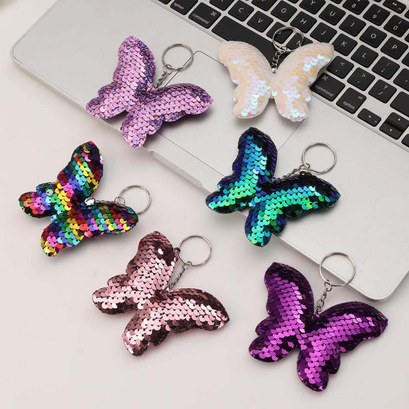 6pcs Butterfly Keychain Sequin Flip Glitter Key Rings For Girls Women