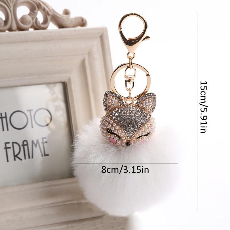 Fox Head Pearl Rhinestone Pom Pom Keychain Bag Charm