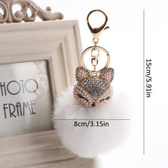 Fox Head Pearl Rhinestone Pom Pom Keychain Bag Charm