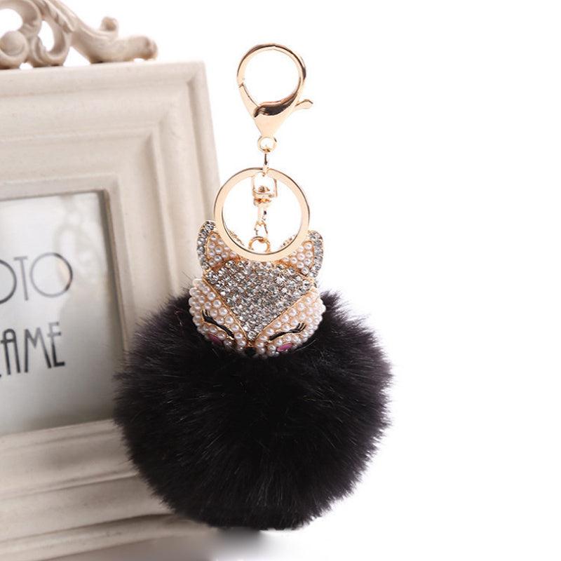 Fox Head Pearl Rhinestone Pom Pom Keychain Bag Charm