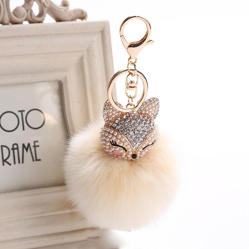 Fox Head Pearl Rhinestone Pom Pom Keychain Bag Charm