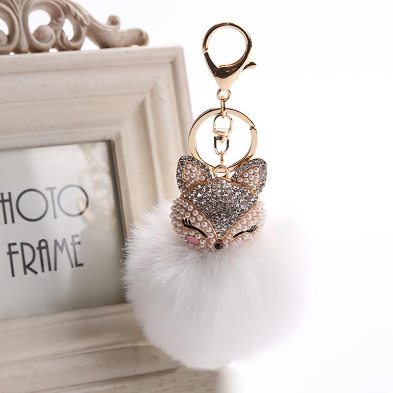 Fox Head Pearl Rhinestone Pom Pom Keychain Bag Charm