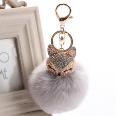 Fox Head Pearl Rhinestone Pom Pom Keychain Bag Charm