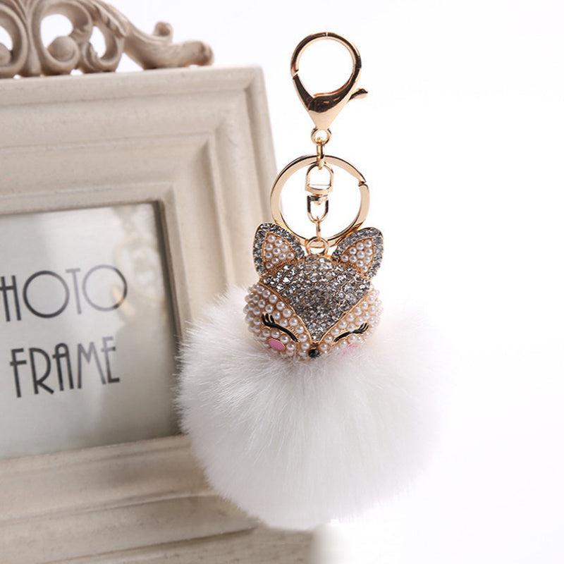 Fox Head Pearl Rhinestone Pom Pom Keychain Bag Charm