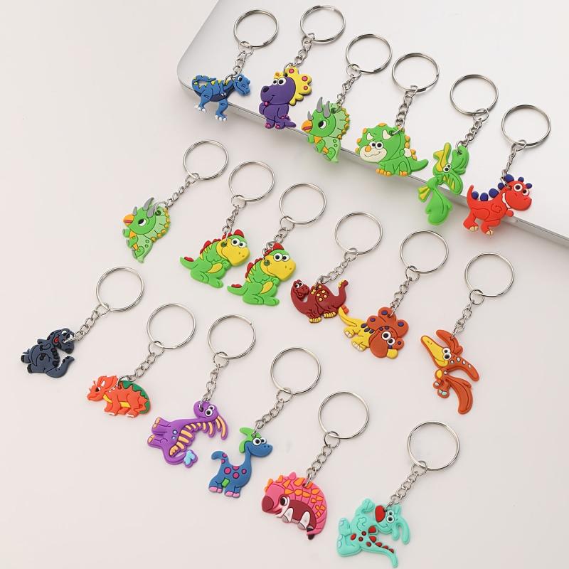18pcs Dinosaur Keychains Colorful PVC Charms Key Rings Party Favors Toys