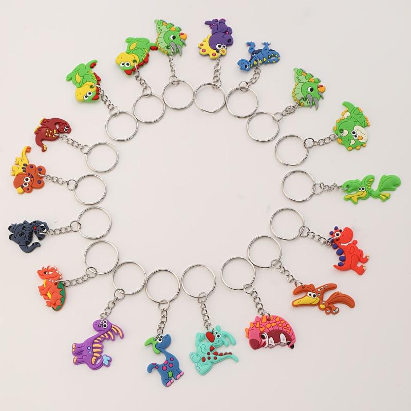 18pcs Dinosaur Keychains Colorful PVC Charms Key Rings Party Favors Toys